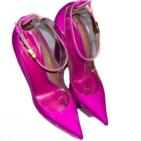 VALENTINO GARAVANI Tan-Go 155 Hot Pink Patent Platform Pumps 39 Logo New FLAW - Picture 3 of 14